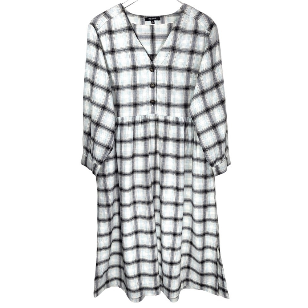 Madewell Cotton Button Up Flannel Plaid Midi Dress in Blue Multicolor - Picture 5 of 15